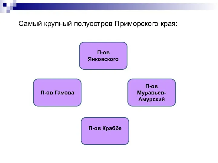 Самый крупный полуостров Приморского края: П-ов Муравьев-Амурский П-ов Янковского П-ов Гамова П-ов Краббе