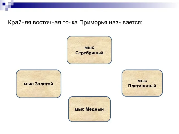 Крайняя восточная точка Приморья называется: мыс Золотой мыс Серебряный мыс Платиновый мыс Медный