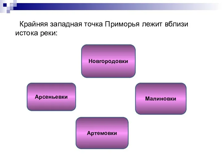 Крайняя западная точка Приморья лежит вблизи истока реки: Новгородовки Малиновки Арсеньевки Артемовки