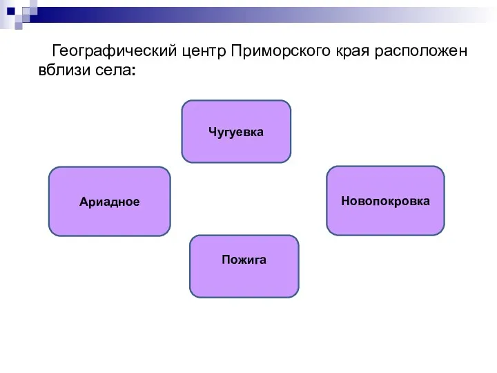 Географический центр Приморского края расположен вблизи села: Ариадное Чугуевка Новопокровка Пожига