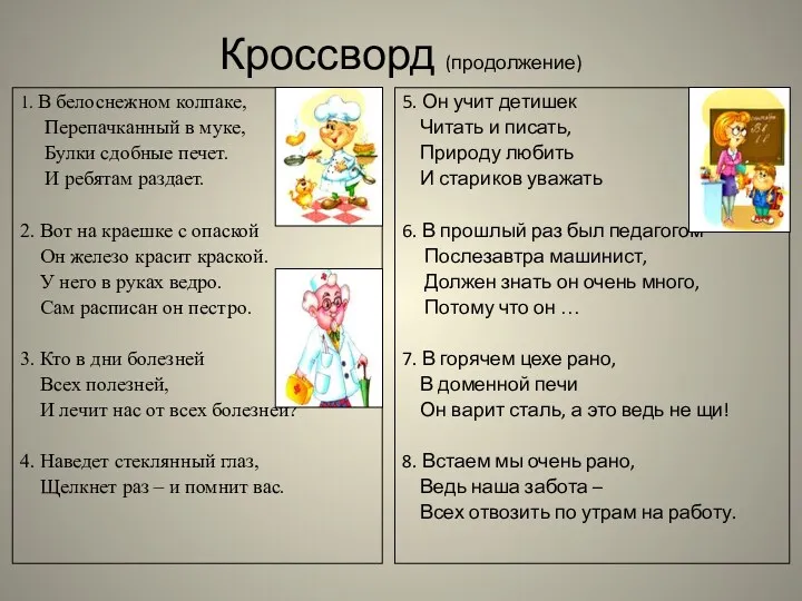 Кроссворд (продолжение) 1. В белоснежном колпаке, Перепачканный в муке, Булки