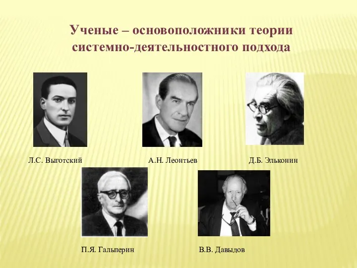 Ученые – основоположники теории системно-деятельностного подхода Л.С. Выготский А.Н. Леонтьев Д.Б. Эльконин П.Я. Гальперин В.В. Давыдов