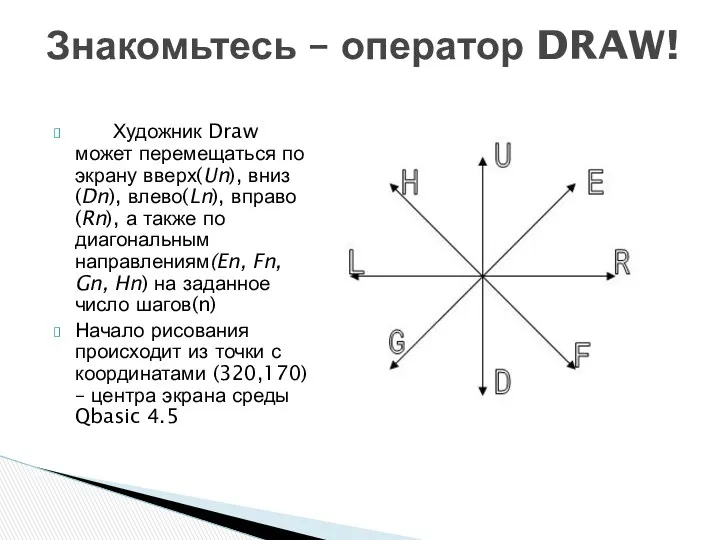 Художник Draw может перемещаться по экрану вверх(Un), вниз(Dn), влево(Ln), вправо(Rn),