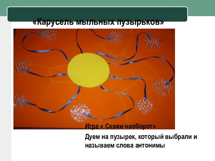 «Карусель мыльных пузырьков» Игра « Скажи наоборот» Дуем на пузырек, который выбрали и называем слова антонимы