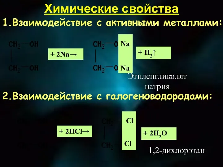 1.Взаимодействие с активными металлами: + 2Na→ Na Na Этиленгликолят натрия