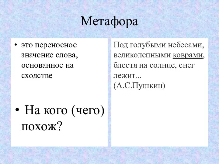 Метафора это переносное значение слова, основанное на сходстве На кого