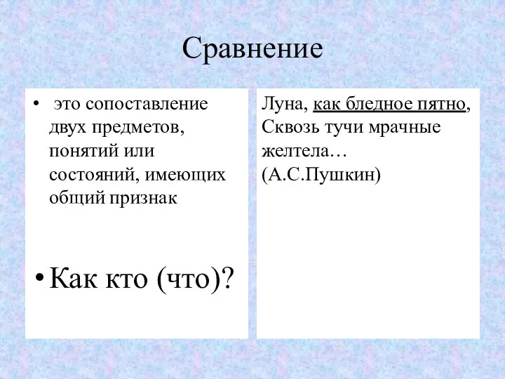 Сравнение это сопоставление двух предметов, понятий или состояний, имеющих общий