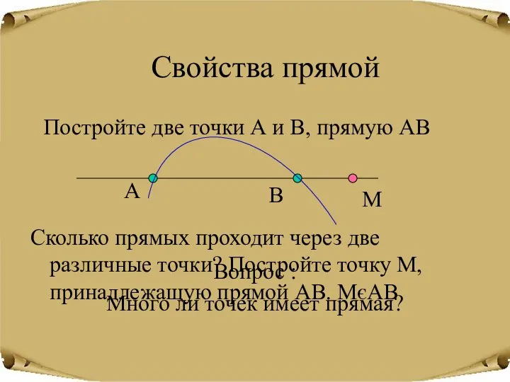 Свойства прямой Постройте две точки А и В, прямую АВ