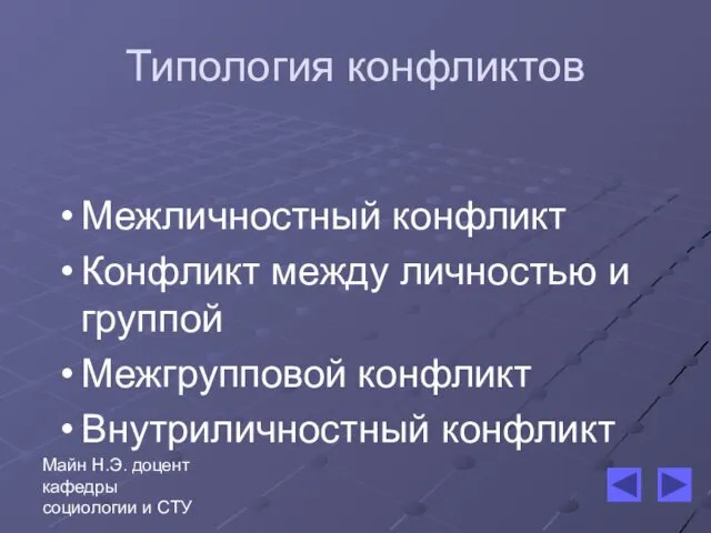 Майн Н.Э. доцент кафедры социологии и СТУ Типология конфликтов Межличностный