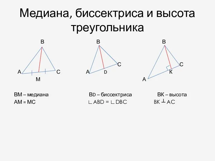 Медиана, биссектриса и высота треугольника В В В С С