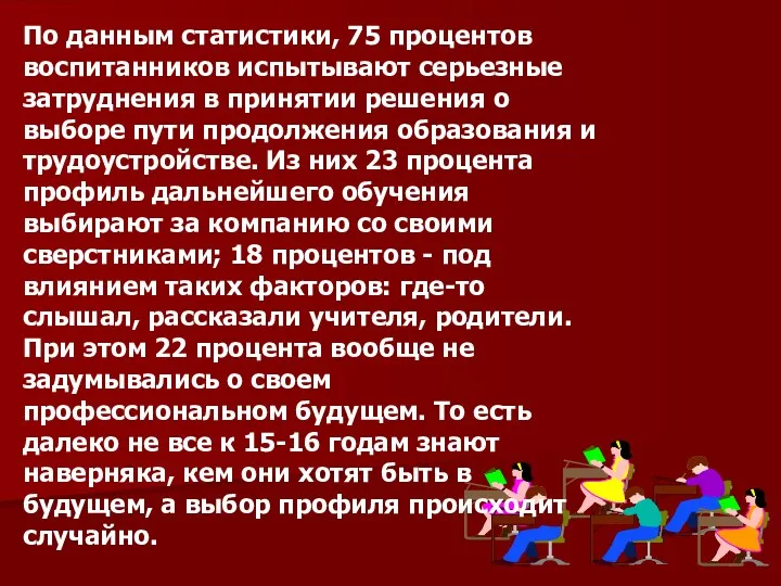 По данным статистики, 75 процентов воспитанников испытывают серьезные затруднения в принятии решения о