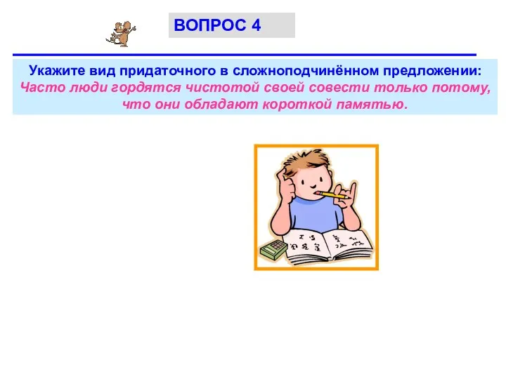 Укажите вид придаточного в сложноподчинённом предложении: Часто люди гордятся чистотой своей совести только