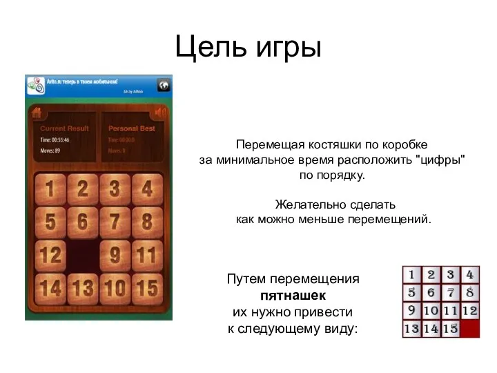 Цель игры Перемещая костяшки по коробке за минимальное время расположить "цифры" по порядку.