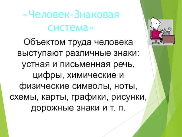 «Человек-Знаковая система» Объектом труда человека выступают различные знаки: устная и