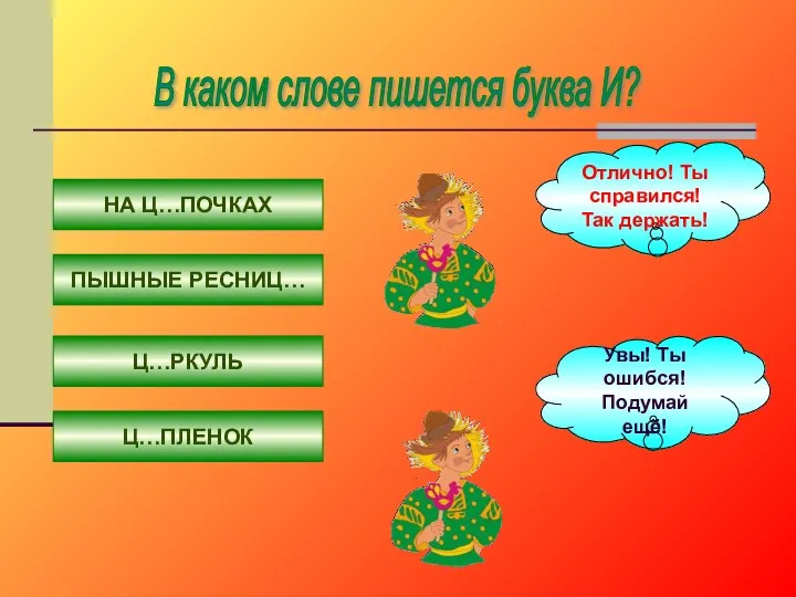 В каком слове пишется буква И? НА Ц…ПОЧКАХ ПЫШНЫЕ РЕСНИЦ…