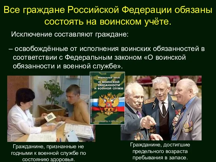 Все граждане Российской Федерации обязаны состоять на воинском учёте. Исключение