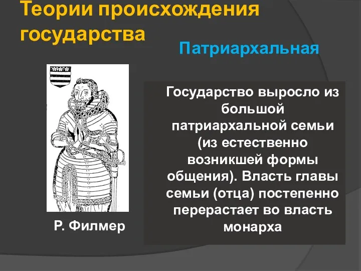 Теории происхождения государства Патриархальная Государство выросло из большой патриархальной семьи