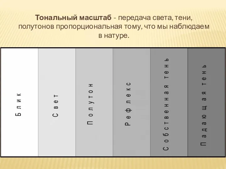 Тональный масштаб - передача света, тени, полутонов пропорциональная тому, что мы наблюдаем в натуре.