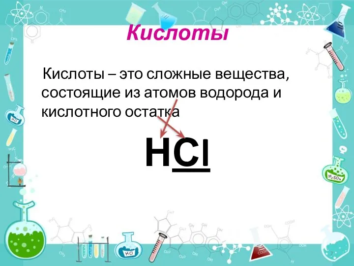 Кислоты Кислоты – это сложные вещества, состоящие из атомов водорода и кислотного остатка НСl