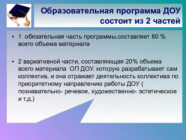 Образовательная программа ДОУ состоит из 2 частей 1 обязательная часть