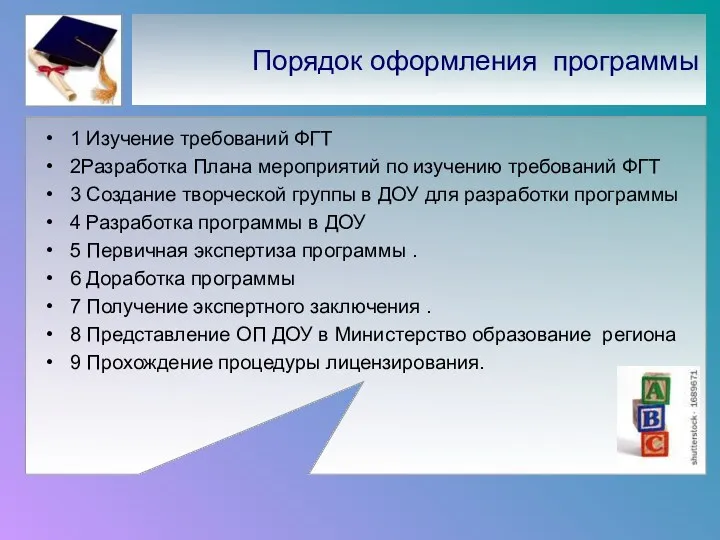 Порядок оформления программы 1 Изучение требований ФГТ 2Разработка Плана мероприятий