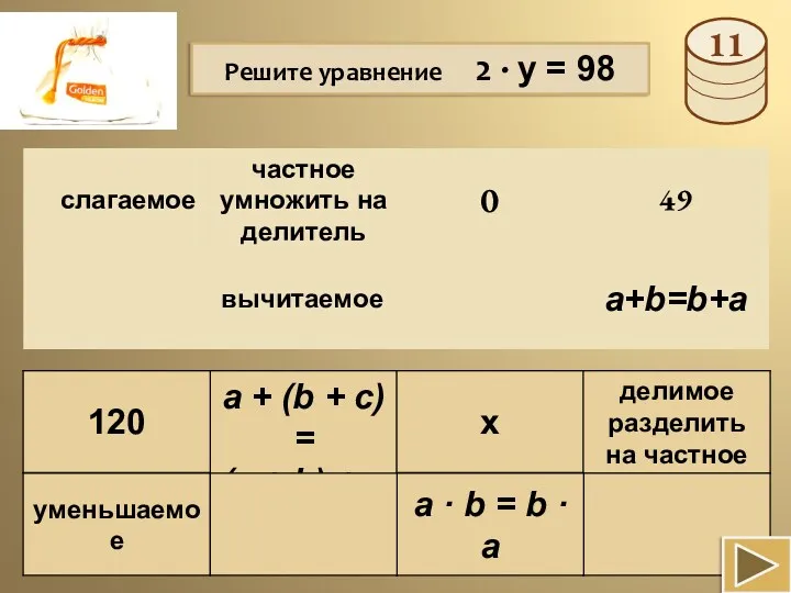 Решите уравнение 2 · y = 98
