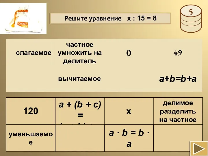 Решите уравнение х : 15 = 8