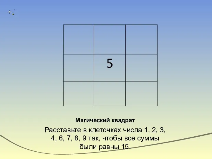 Магический квадрат Расставьте в клеточках числа 1, 2, 3, 4,