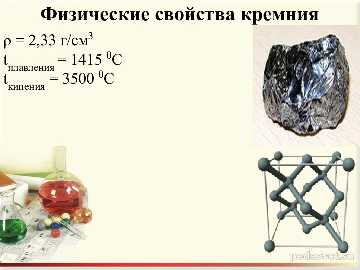 Физические свойства кремния ρ = 2,33 г/см3 tплавления = 1415 0С tкипения = 3500 0С