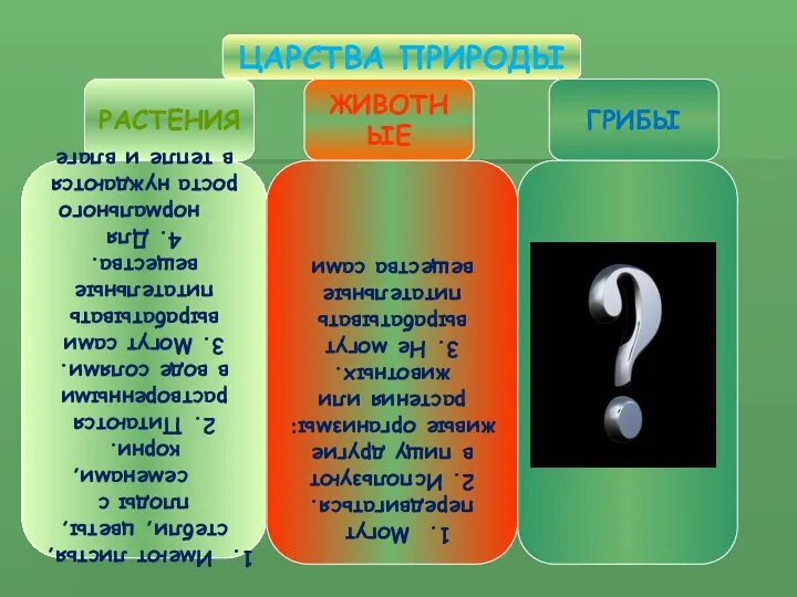 ЦАРСТВА ПРИРОДЫ РАСТЕНИЯ ЖИВОТНЫЕ ГРИБЫ Имеют листья, стебли, цветы, плоды с семенами, корни.