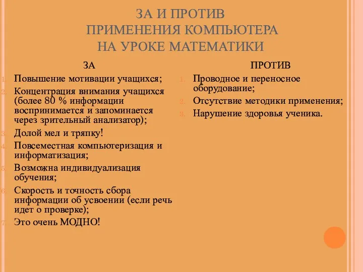 ЗА И ПРОТИВ ПРИМЕНЕНИЯ КОМПЬЮТЕРА НА УРОКЕ МАТЕМАТИКИ ЗА Повышение