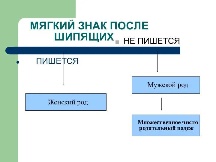 МЯГКИЙ ЗНАК ПОСЛЕ ШИПЯЩИХ Женский род ПИШЕТСЯ НЕ ПИШЕТСЯ Мужской род Множественное число родительный падеж