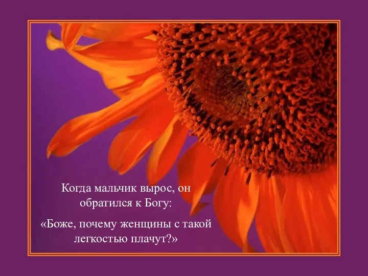 Когда мальчик вырос, он обратился к Богу: «Боже, почему женщины с такой легкостью плачут?»