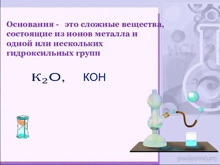 Основания - это сложные вещества, состоящие из ионов металла и одной или нескольких гидроксильных групп КОН