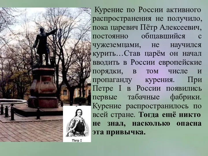 Курение по России активного распространения не получило, пока царевич Пётр Алексеевич, постоянно общавшийся