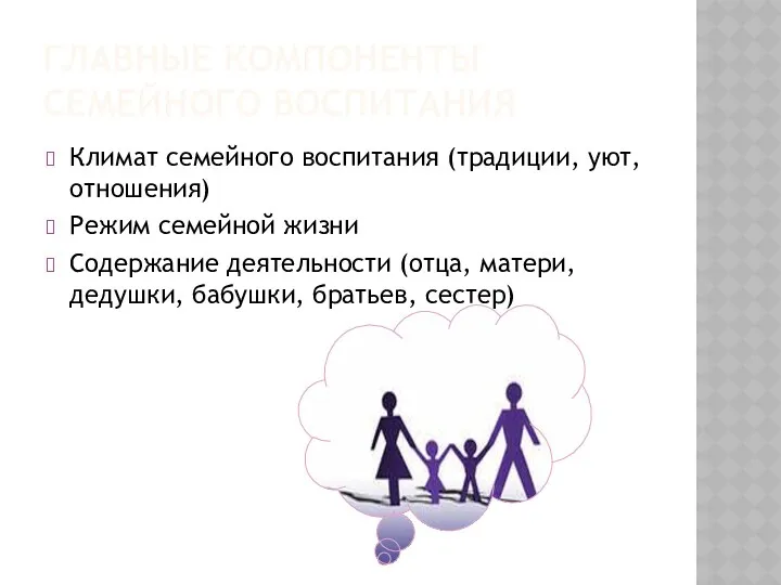 Главные компоненты семейного воспитания Климат семейного воспитания (традиции, уют, отношения) Режим семейной жизни