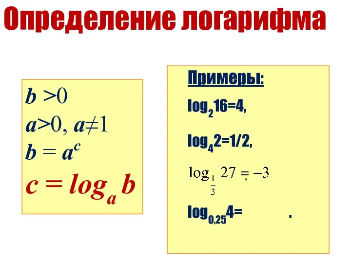 b >0 a>0, a≠1 b = ac с = loga b Примеры: log216=4,