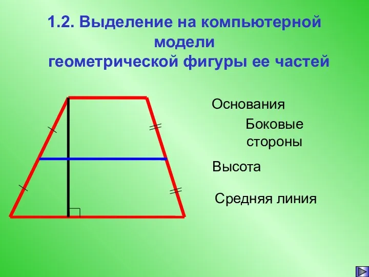 1.2. Выделение на компьютерной модели геометрической фигуры ее частей Основания Боковые стороны Средняя линия Высота