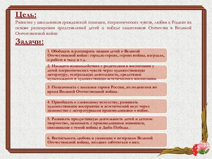 Цель: Развитие у школьников гражданской позиции, патриотических чувств, любви к