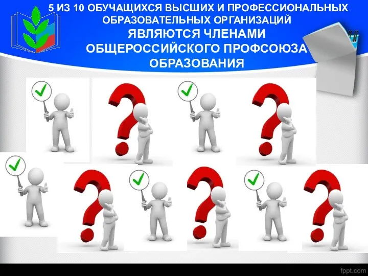 5 ИЗ 10 ОБУЧАЩИХСЯ ВЫСШИХ И ПРОФЕССИОНАЛЬНЫХ ОБРАЗОВАТЕЛЬНЫХ ОРГАНИЗАЦИЙ ЯВЛЯЮТСЯ ЧЛЕНАМИ ОБЩЕРОССИЙСКОГО ПРОФСОЮЗА ОБРАЗОВАНИЯ