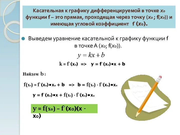 Касательная к графику дифференцируемой в точке хо функции f – это прямая, проходящая