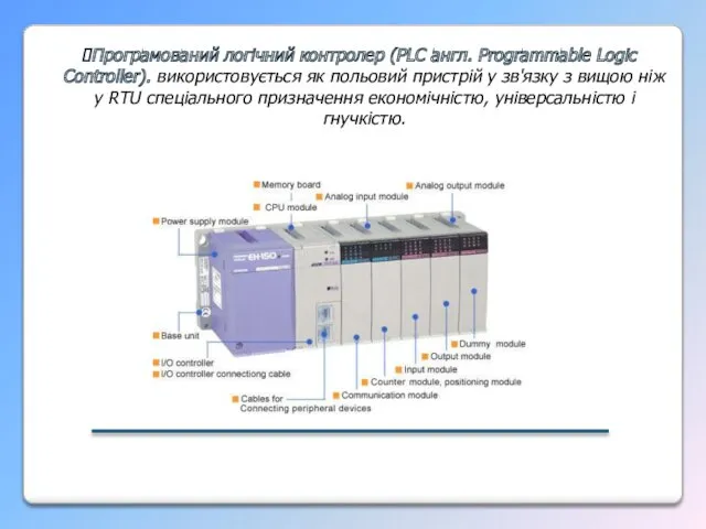 Програмований логічний контролер (PLC англ. Programmable Logic Controller). використовується як