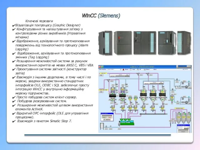 WinCC (Siemens) Ключові переваги Візуалізація техпроцесу (Graphic Designer) Конфігурування та