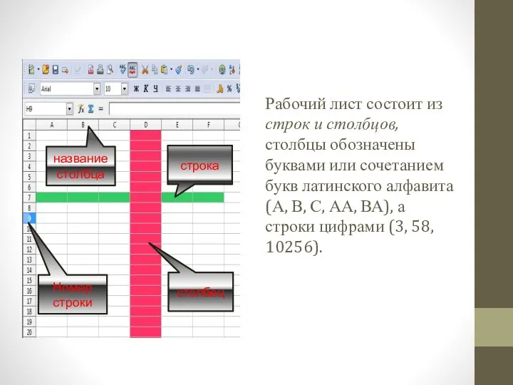 Рабочий лист состоит из строк и столбцов, столбцы обозначены буквами