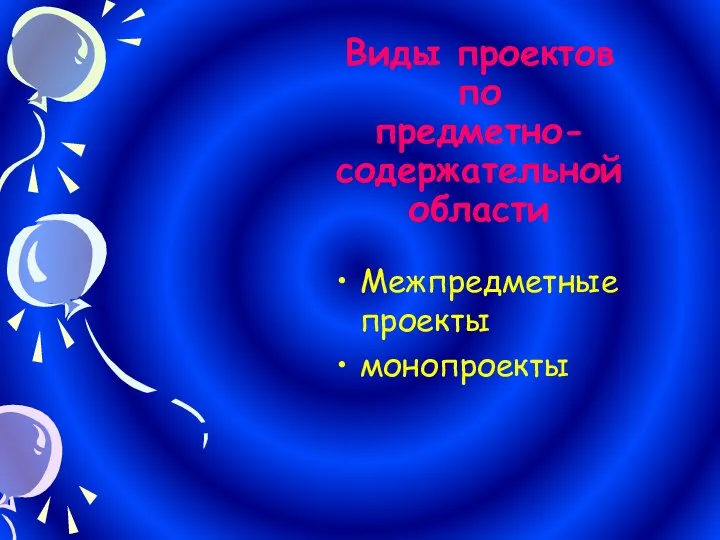 Виды проектов по предметно-содержательной области Межпредметные проекты монопроекты