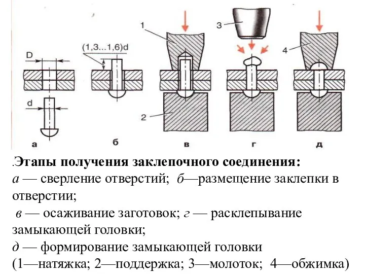 .Этапы получения заклепочного соединения: а — сверление отверстий; б—размещение заклепки