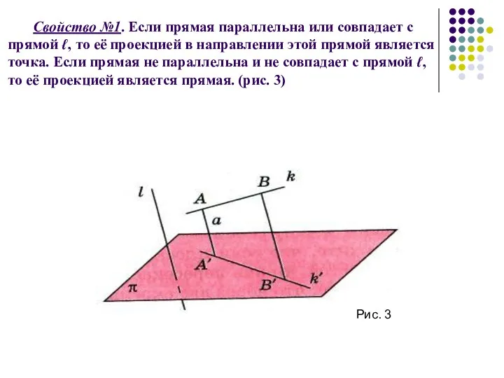 Свойство №1. Если прямая параллельна или совпадает с прямой ℓ, то её проекцией