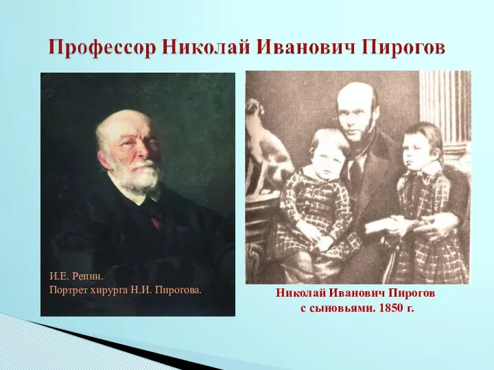 И.Е. Репин. Портрет хирурга Н.И. Пирогова. Николай Иванович Пирогов с сыновьями. 1850 г.