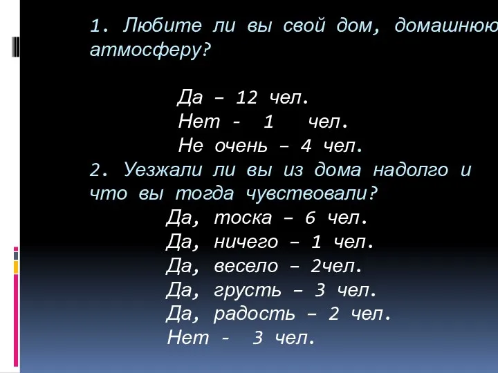 1. Любите ли вы свой дом, домашнюю атмосферу? Да –