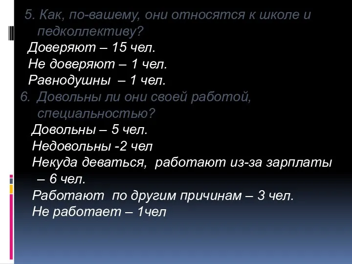 5. Как, по-вашему, они относятся к школе и педколлективу? Доверяют – 15 чел.